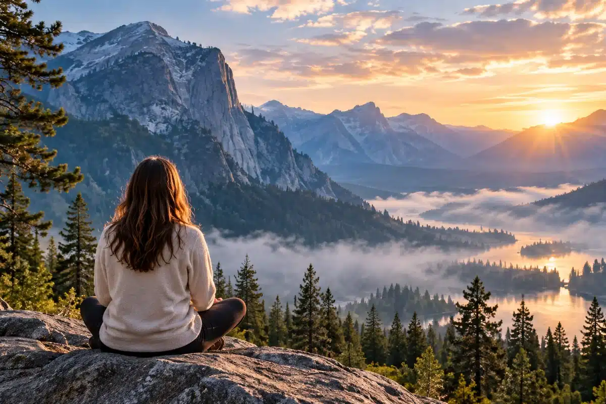 A person resting on a rock above a misty valley, representing anxiety and burnout support