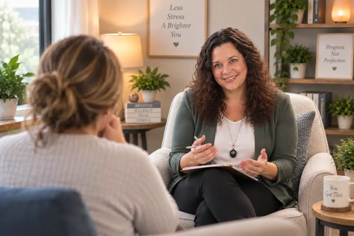 A counseling session in a warmly lit Tucson office