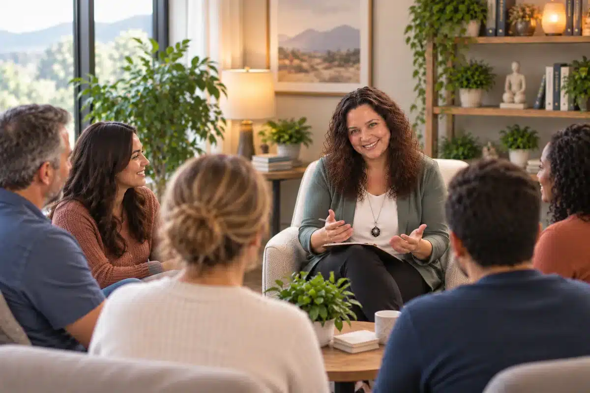 A small therapy group meeting in a circle with a facilitator in Tucson